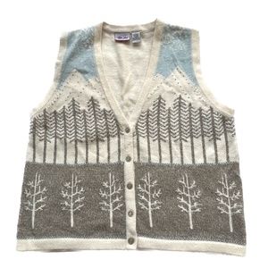 TanJay Vintage Vest Winter Scene Tiny Pearl Beads Trees Mountains Size L Cream